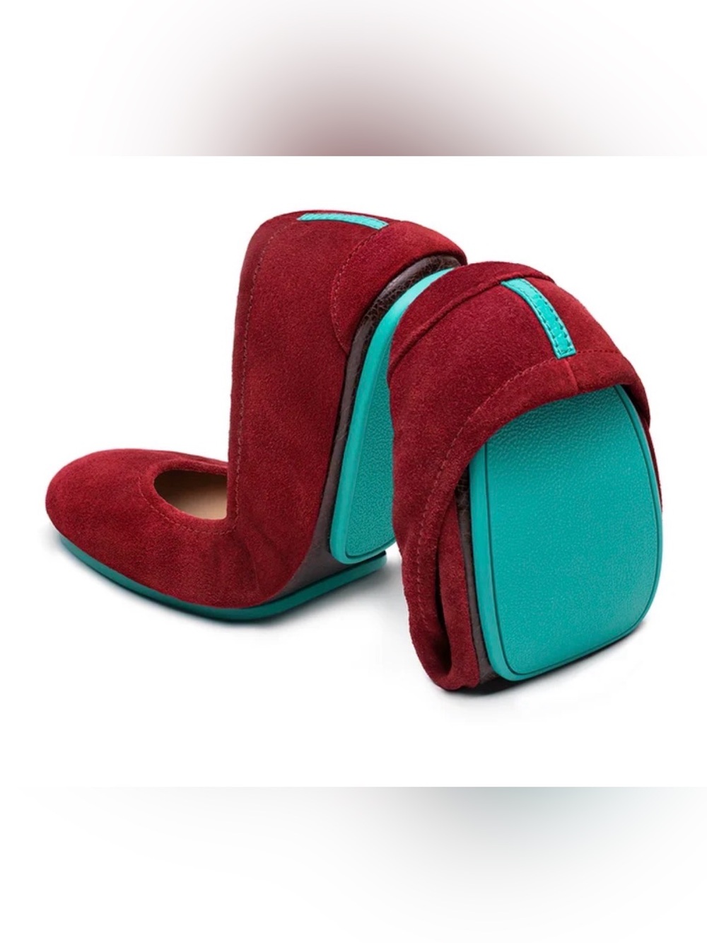 Tieks Ballet Flats Red Suede Foldable Teal Accent